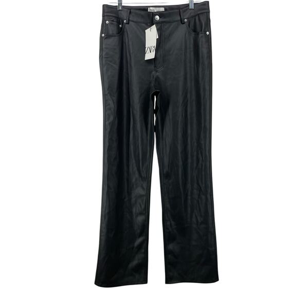 Zara Size 10 The 90's Pant Straight Leg High Rise Black Faux Vegan Leather Women - Picture 1 of 9